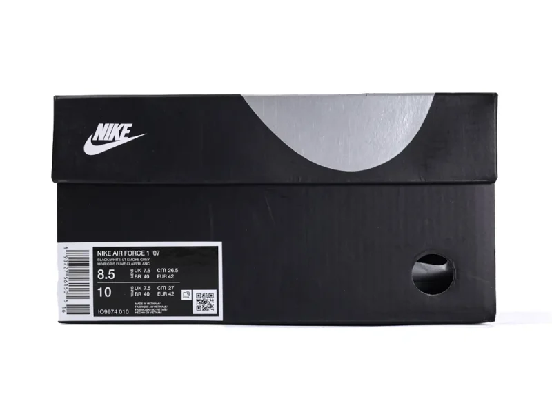 Black Nike Air Force 1 '07 shoebox with the product label for the Black/White-Lt Smoke Grey colorway.