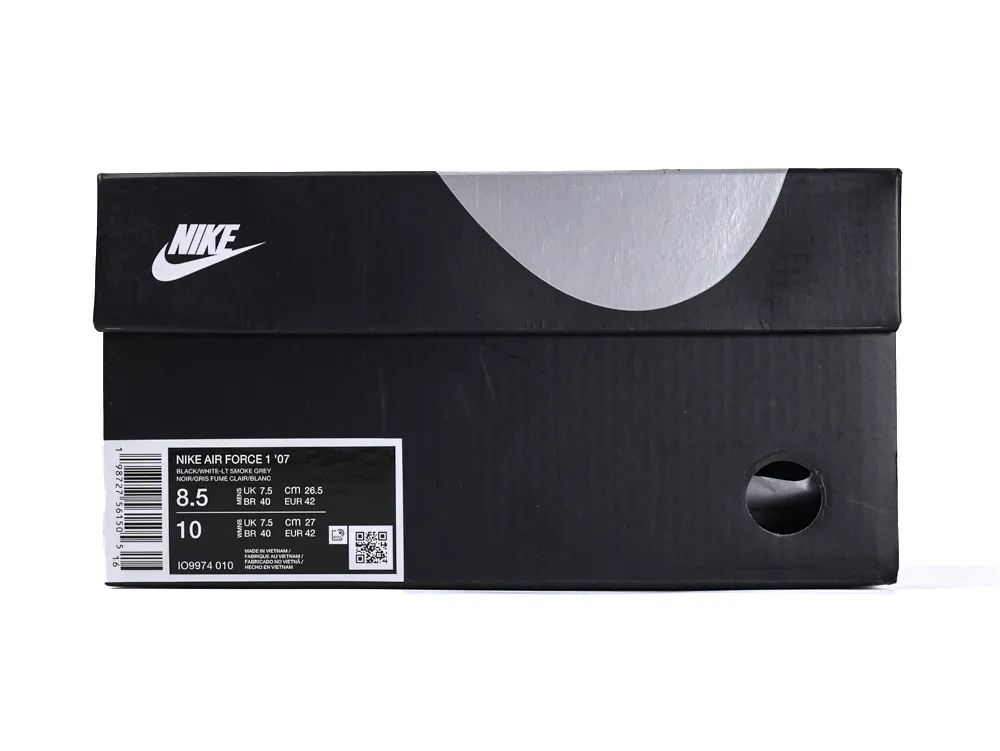 Black Nike Air Force 1 '07 shoebox with the product label for the Black/White-Lt Smoke Grey colorway.