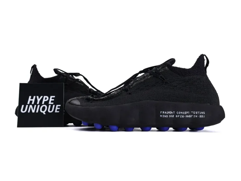 Fragment Design x Mind 002 Flyknit Black Pair Profile with Hypeunique Card