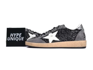 Side profile of Golden Goose Ball Star sneakers in black glitter and grey suede