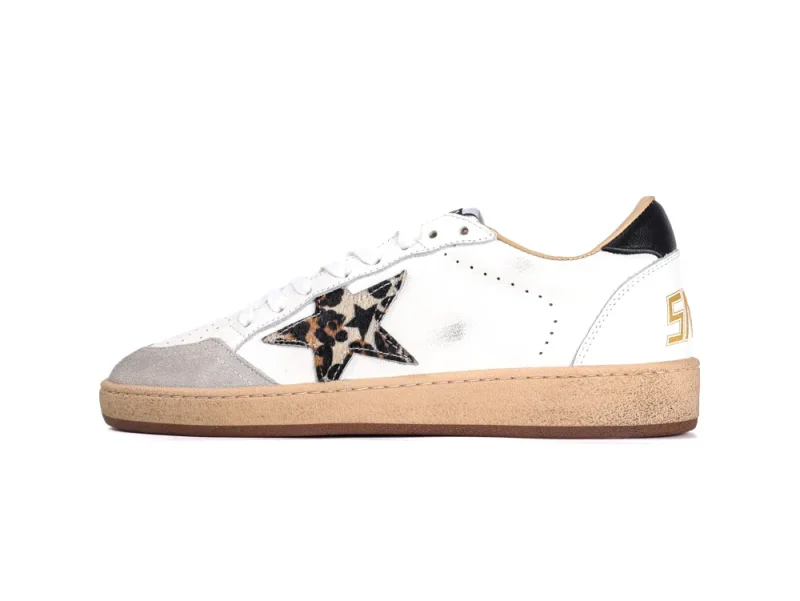 Lateral side view of Golden Goose sneaker with leopard print star