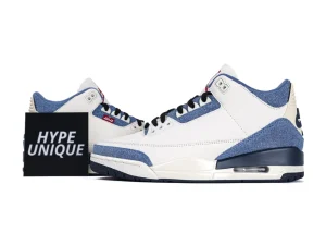 Lateral side view of the Jordan 3 All-Star 2026 collab highlighting the red Levi's tag and denim accents.