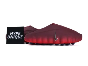 Lateral side view of the Nike Mind 001 Team Red featuring a silver swoosh and a unique podded outsole design.