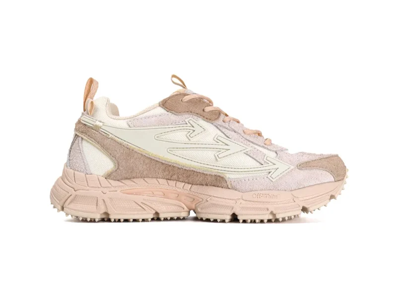 Side profile of the right Off-White Be Right Back sneaker highlighting the multi-layered mesh and suede panels in earth tones.