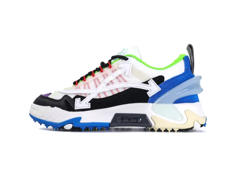 Multicolored sneaker with leather and mesh materials, featuring vibrant blue and green accents.