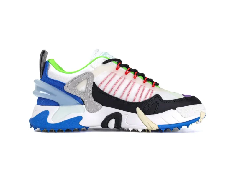 Colorful sneaker with mixed materials, featuring mesh, leather, and vibrant sole design.