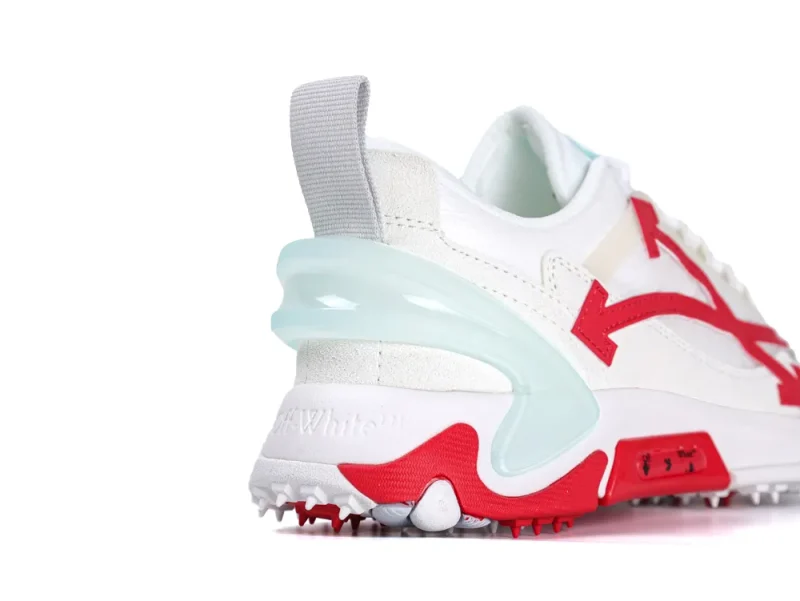 Rear heel view of Off-White Odsy 2000 with translucent blue cage and red sole