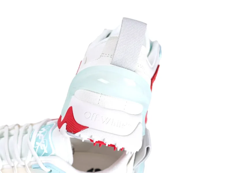 Rear heel view of Off-White Odsy 2000 sneaker with translucent blue cage