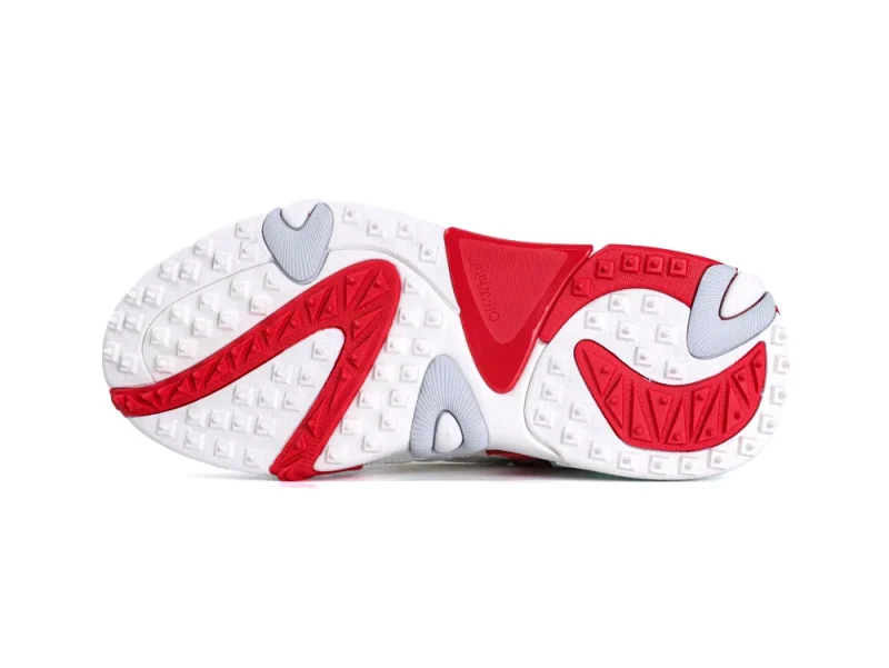 Red and white spiked rubber outsole of Off-White Odsy 2000 sneaker