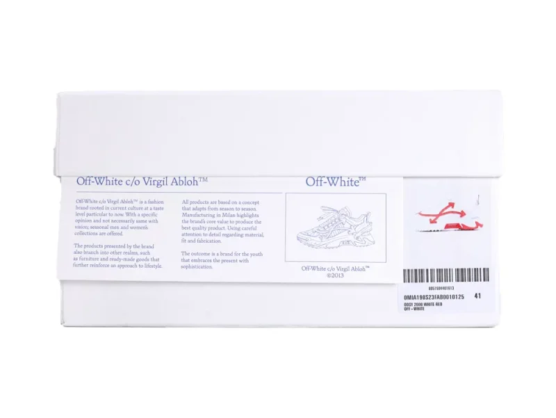 White Off-White shoebox with product identification labels