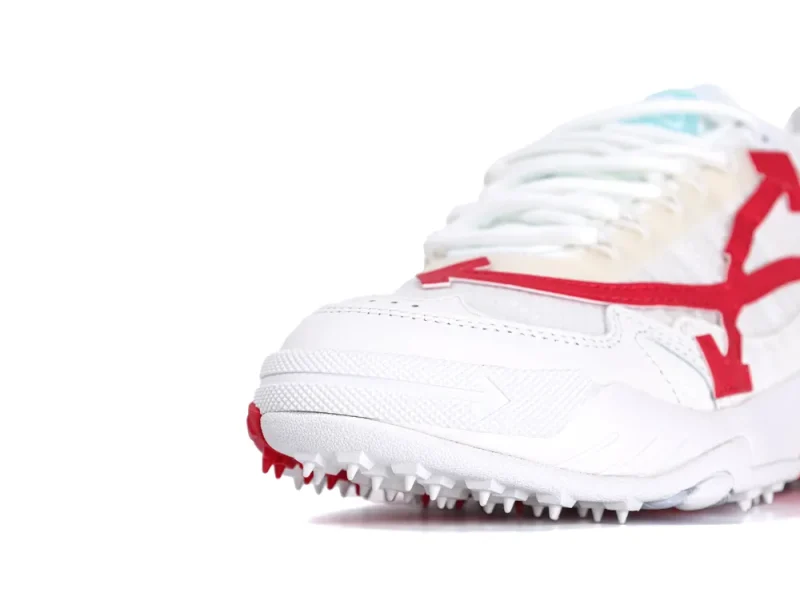 Front toe view of white Off-White Odsy 2000 sneaker with red sole