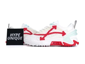 Side profile of white and red Off-White Odsy 2000 sneakers with logo card