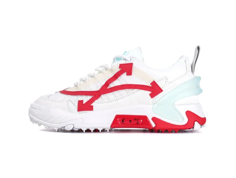 Lateral side view of white Off-White Odsy 2000 sneaker with red arrow logo