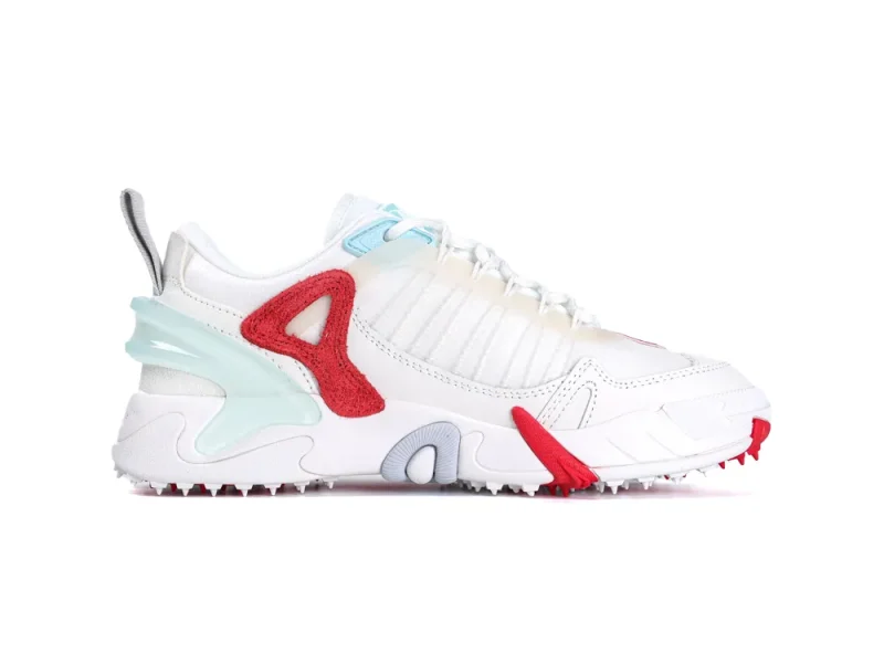 Medial side view of white Off-White Odsy 2000 sneaker with red accents