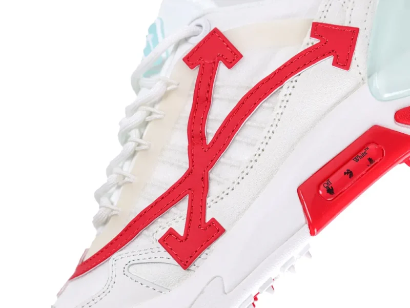 Side view of white Off-White Odsy 2000 sneaker with red arrows logo