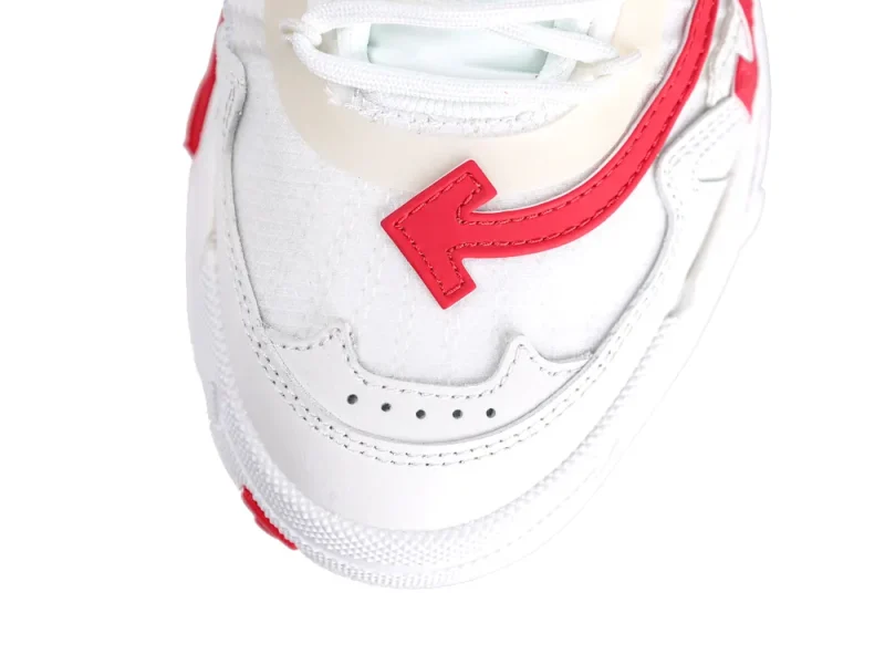 Top view of white Off-White Odsy 2000 sneaker with red arrow logo detail