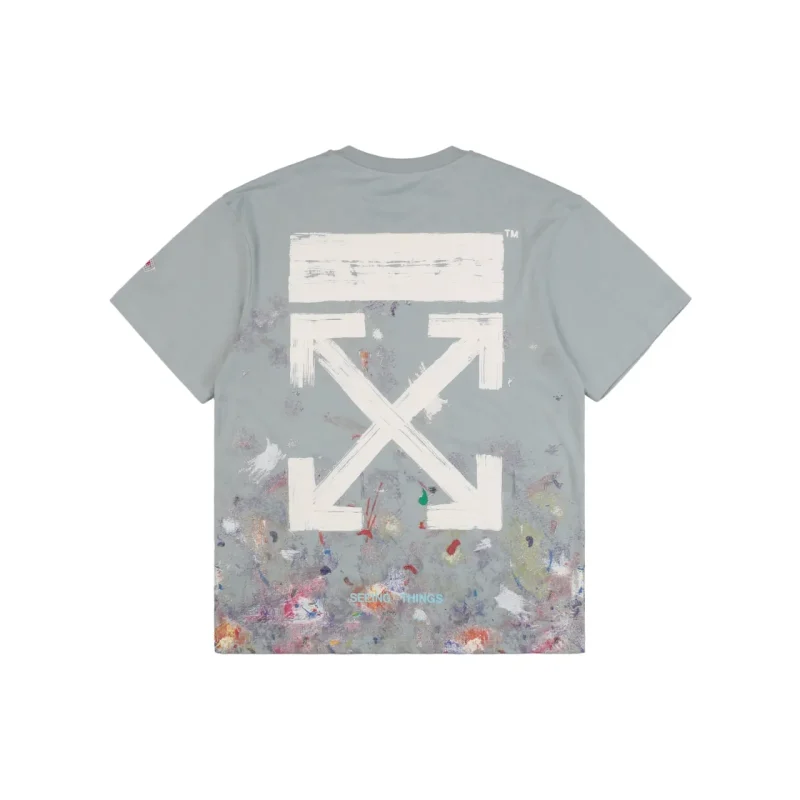 Back of Off-White Starry Sky Fireworks Splatter Arrow Print T-Shirt Color Gray