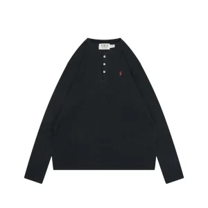 RL Pony Logo Henley Collar Long Sleeve Shirt Color Black