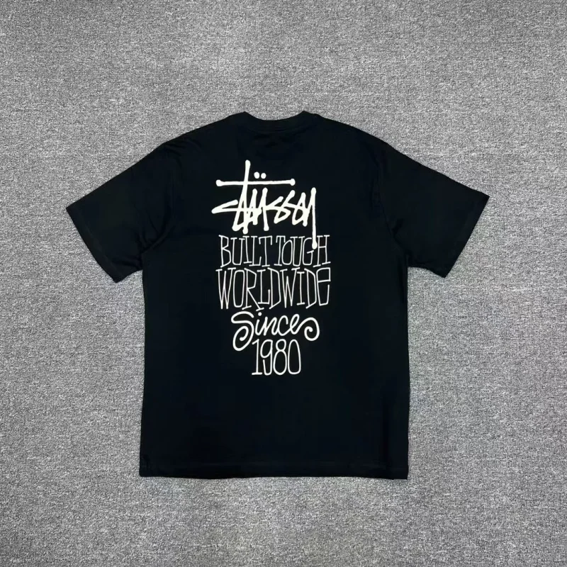 Back of Stussy Built Tough Worldwide Logo T-Shirt Color Black