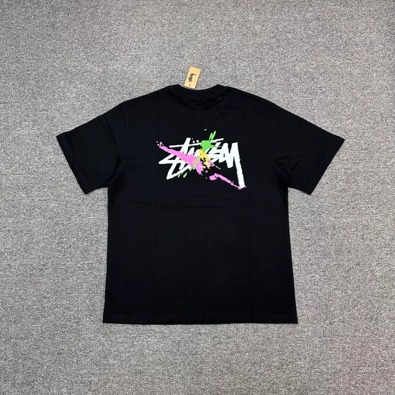 Back of Stussy Colorful Graffiti Logo T-Shirt Color Black