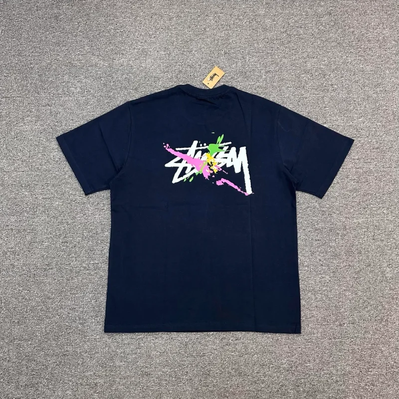 Back of Stussy Colorful Graffiti Logo T-Shirt Color Dark Blue