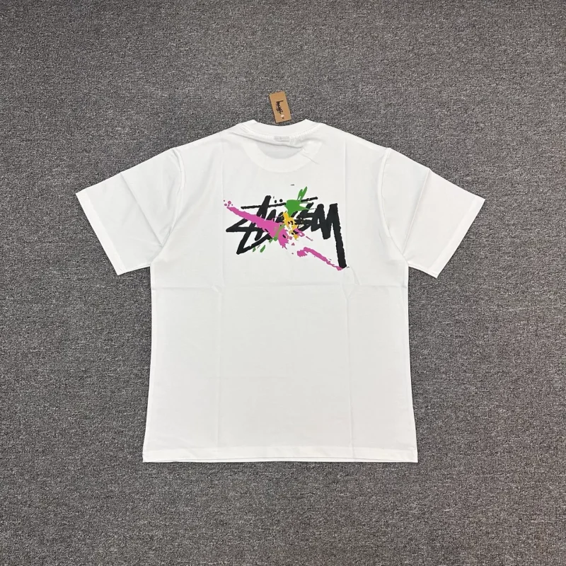 Back of Stussy Colorful Graffiti Logo T-Shirt Color White