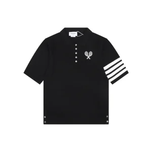TB Tennis Racket Embroidered 4-Bar Knit Polo T-Shirt Color Black