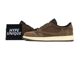 Travis Scott x Air Jordan 1 Retro Low OG SP Velvet Brown side view with Hypeunique card