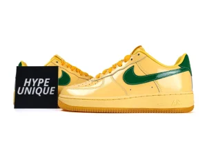 Air Force 1 Low Patent Leather Topaz Gold Pine Green Pair Profile Display