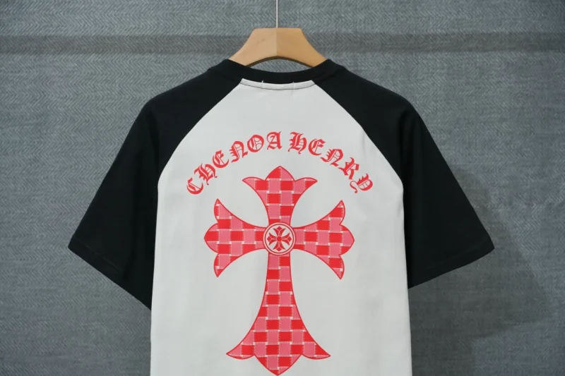 Back Half View of CH Pink Checkered Cross Raglan T-Shirt