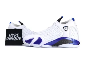 Jordan 14 Retro White Hyper Royal Side Profile with Hypeunique Card
