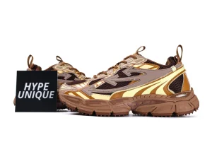 Off-White Be Right Back Sneakers Dark Brown Cream Pair Display with Hypeunique Card