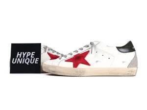 Super Star Sneakers White Red Grey Side Profile with Hypeunique Card