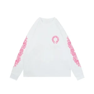 CH Cross Strap Sanskrit Scroll Print Long Sleeve Shirt White & Pink