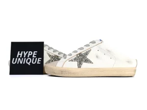 Super-Star Sabot White Leather Glitter Star Slip-On Sneakers Side Profile