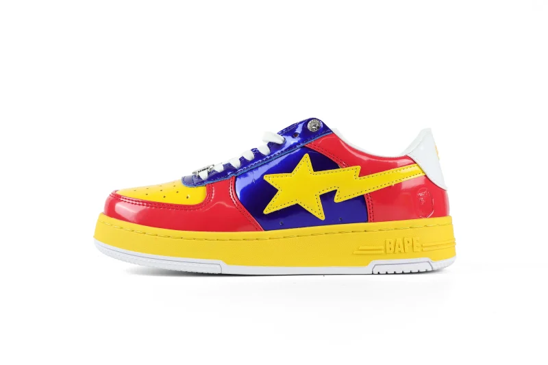 A Bathing Ape BAPE STA Yellow Red Royal Patent Sneakers Left Side View