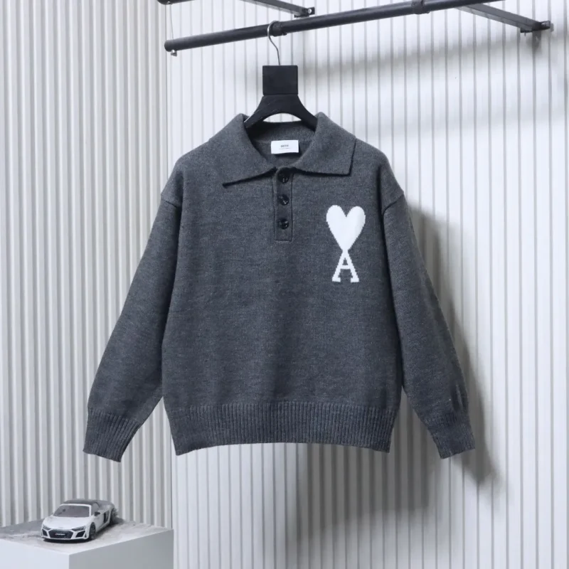 AMI Large Heart Jacquard Polo Sweater