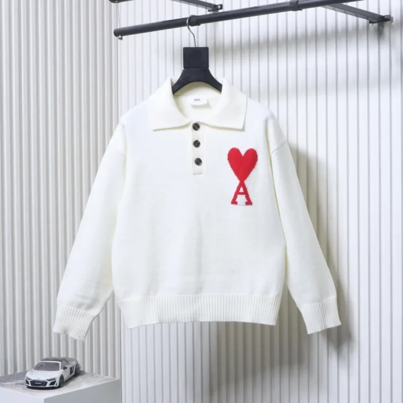AMI Large Heart Jacquard Polo Sweater