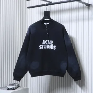 Acne Distressed Logo Henley Collar Sweatshirt