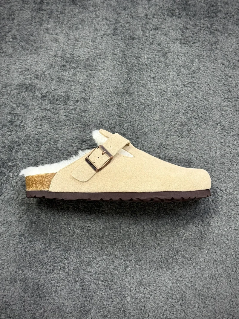 BK Boston Antique White Shearling-Lined Suede Leather Clogs Right Side View