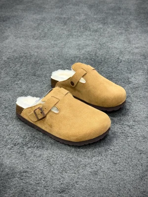 BK Boston Brown Shearling-Lined Suede Leather Clogs Angeled View