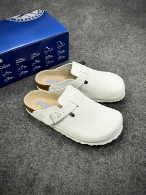 BK Boston Soft Footbed Light Grey Suede Clogs Angeled View