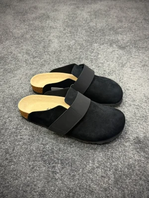BK Loma Black Suede Velcro Clogs Angeled View