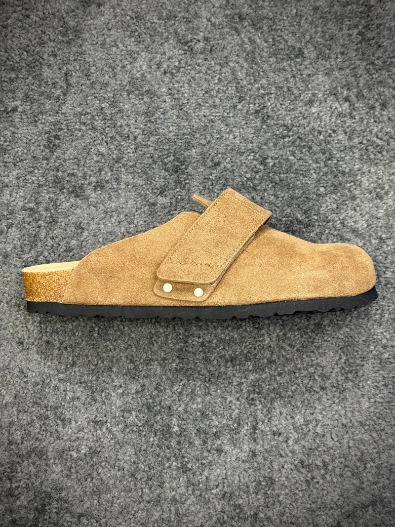 BK Loma Khaki Suede Velcro Clogs Side View