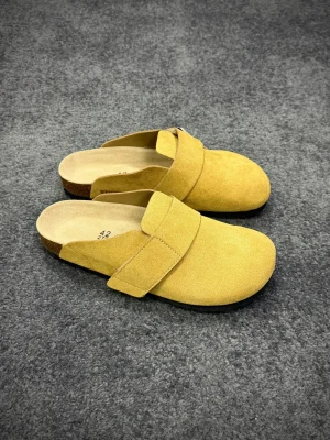 BK Loma Mustard Yellow Suede Velcro Clogs Angeled View