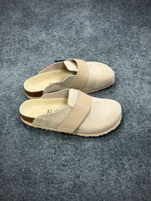 BK Loma Taupe Suede Velcro Clogs Side View