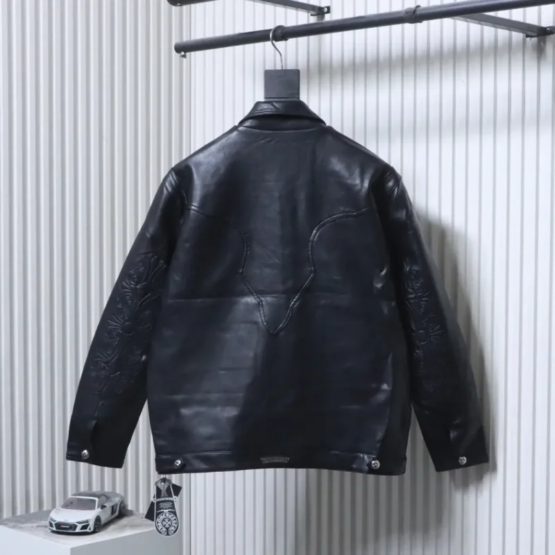 Back View CH Embroidered Genuine Leather Jacket