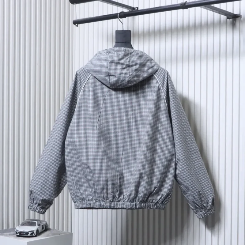 Back View MiuM Gray Check Hooded Zip-Up Windbreaker Jacket