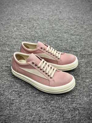 R Owens DRKSHDW Pink Distressed Canvas Low-Top Sneakers Angeled View