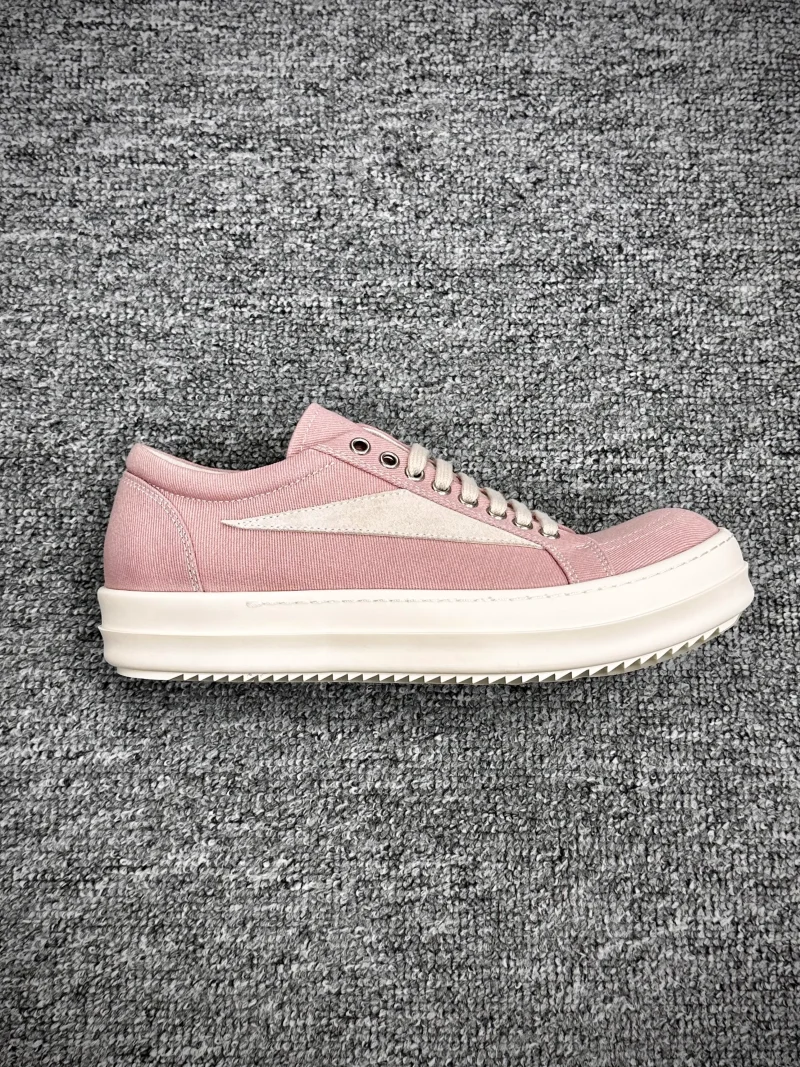 R Owens DRKSHDW Pink Distressed Canvas Low-Top Sneakers Right Side View